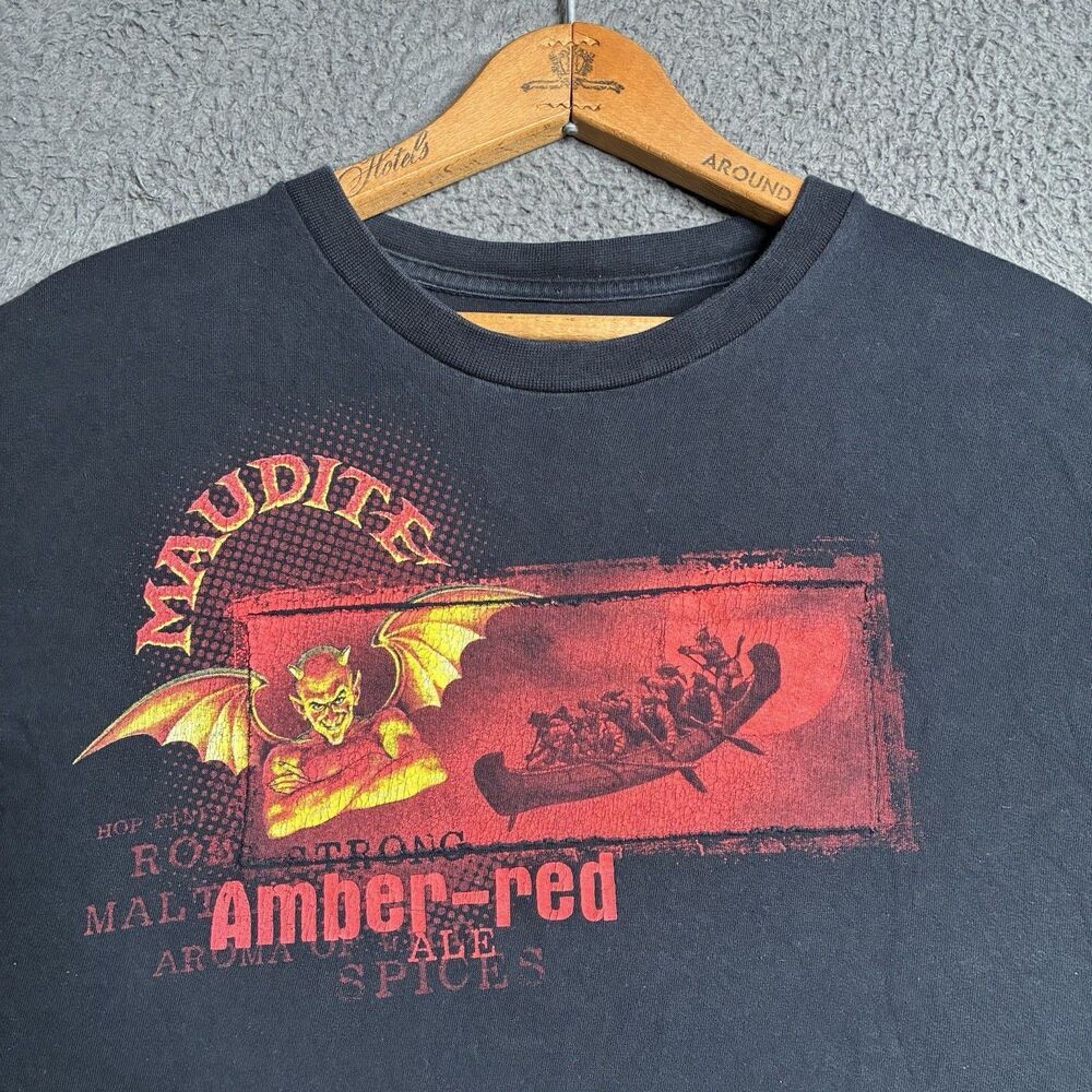 Vintage Maudite Devil T-Shirt Quebec Beer Made in Canada Mens Large AOP Grunge